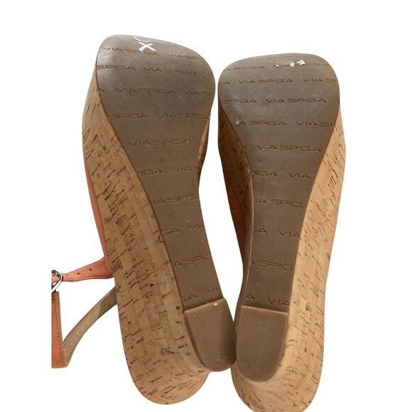 Via Spiga Womens size 9M orange Suede Leather  Peep-Toe cork Wedge Sandals shoes - Picture 7 of 8